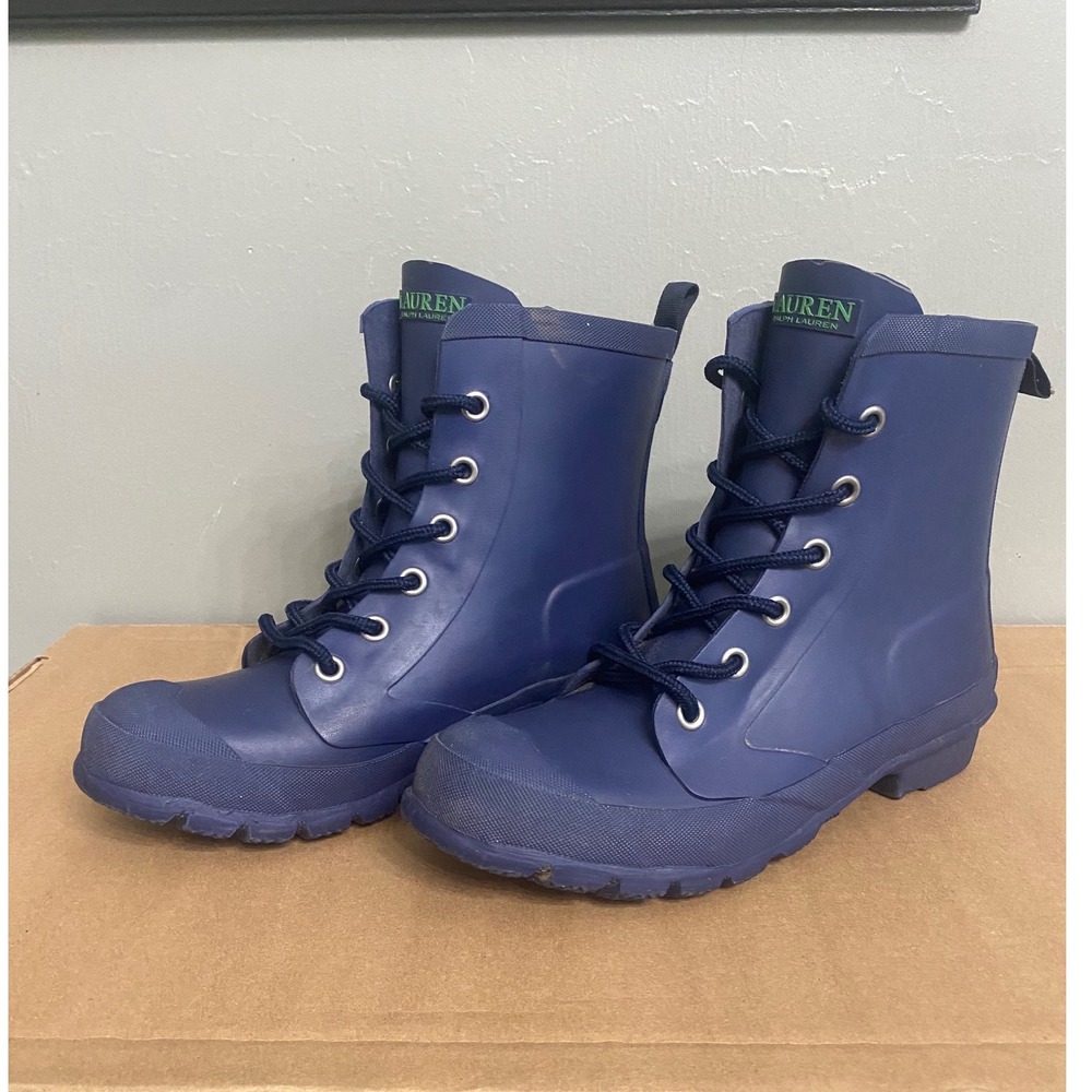 Lauren Ralph Lauren Mikenna-Bo-Ra Navy Blue Rubber Lace Up Rain Boots Womens 6B
